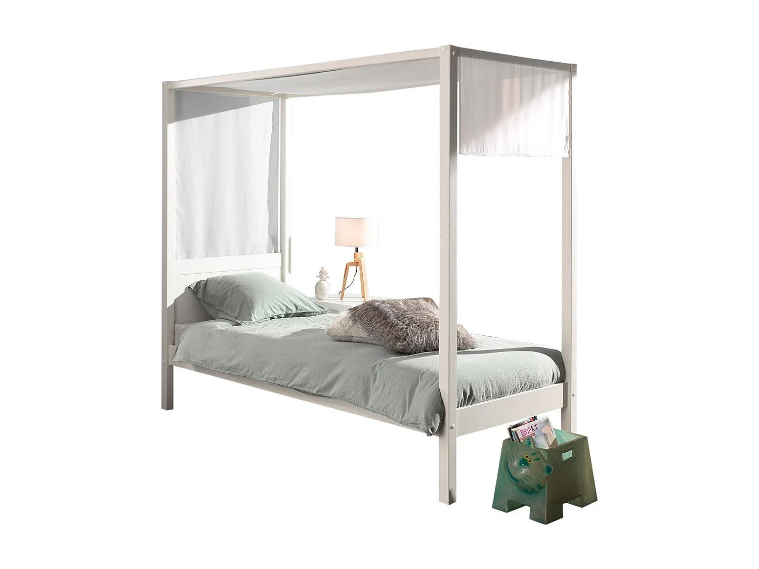 Hemelbed 90x200 cm met wit gelakte massief grenen hemel Pinie