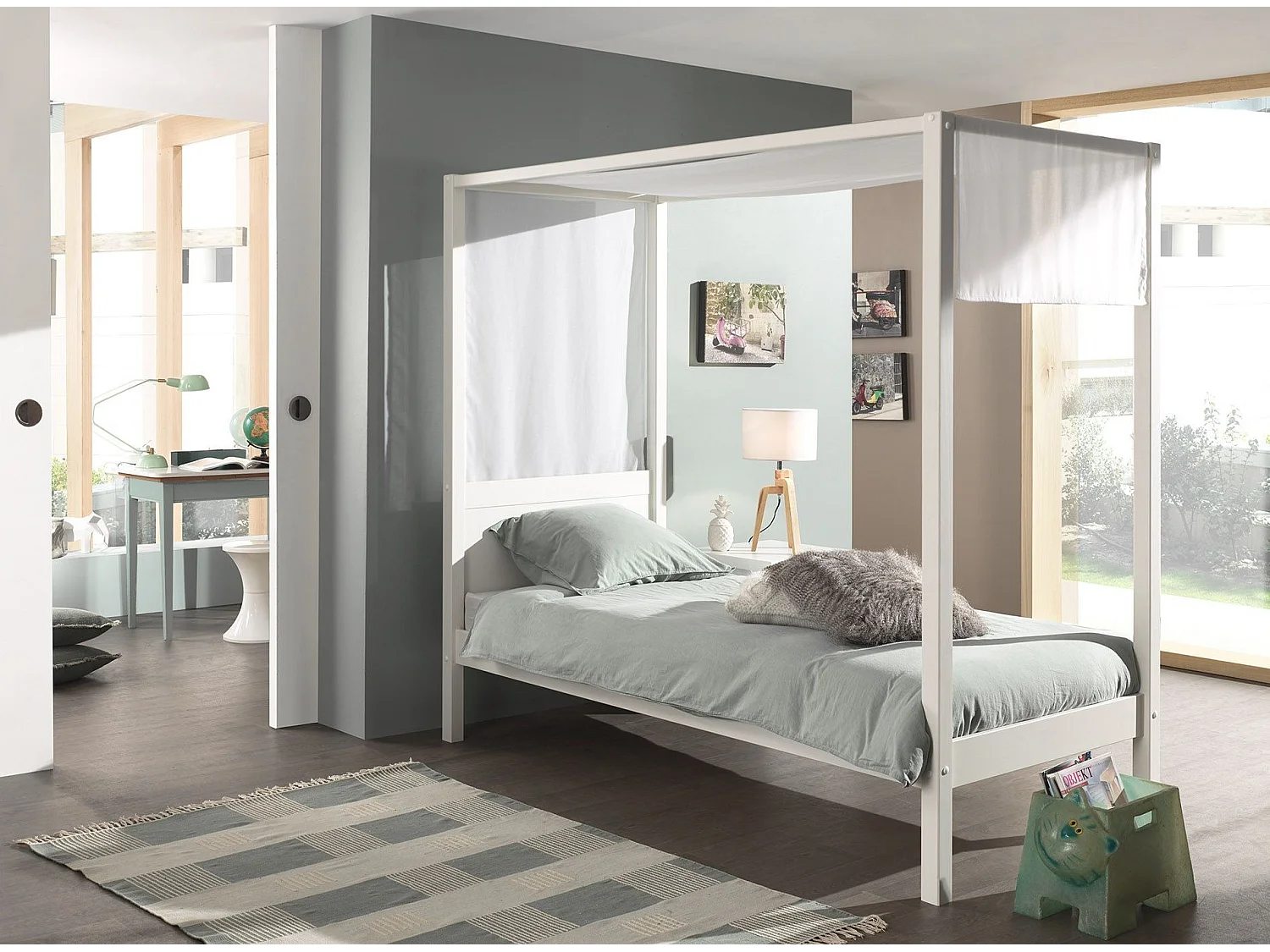 Hemelbed 90x200 cm met wit gelakte massief grenen hemel Pinie