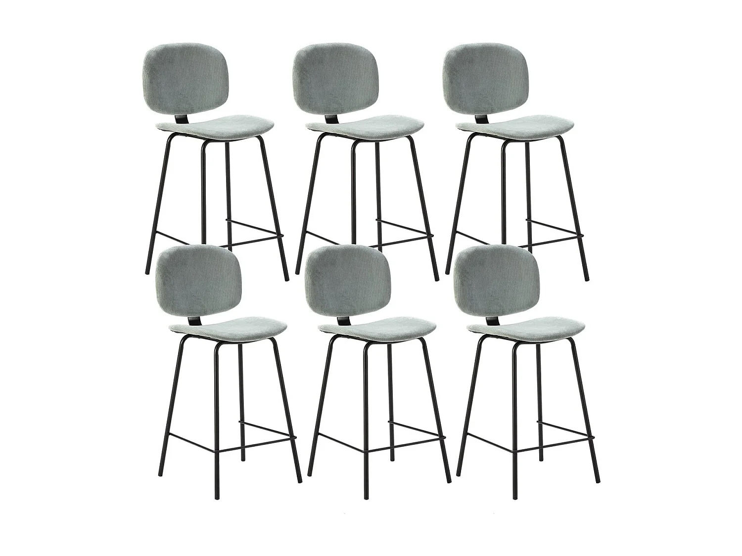 GARY - Lot de 6 Tabourets en Velours Côtelé Vert d'Eau Piétement Métal Noir