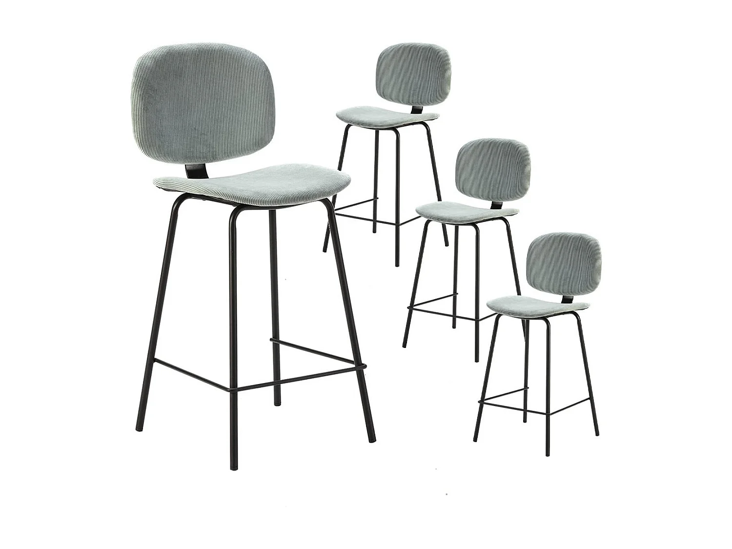 GARY - Lot de 4 Tabourets en Velours Côtelé Vert d'Eau Piétement Métal Noir