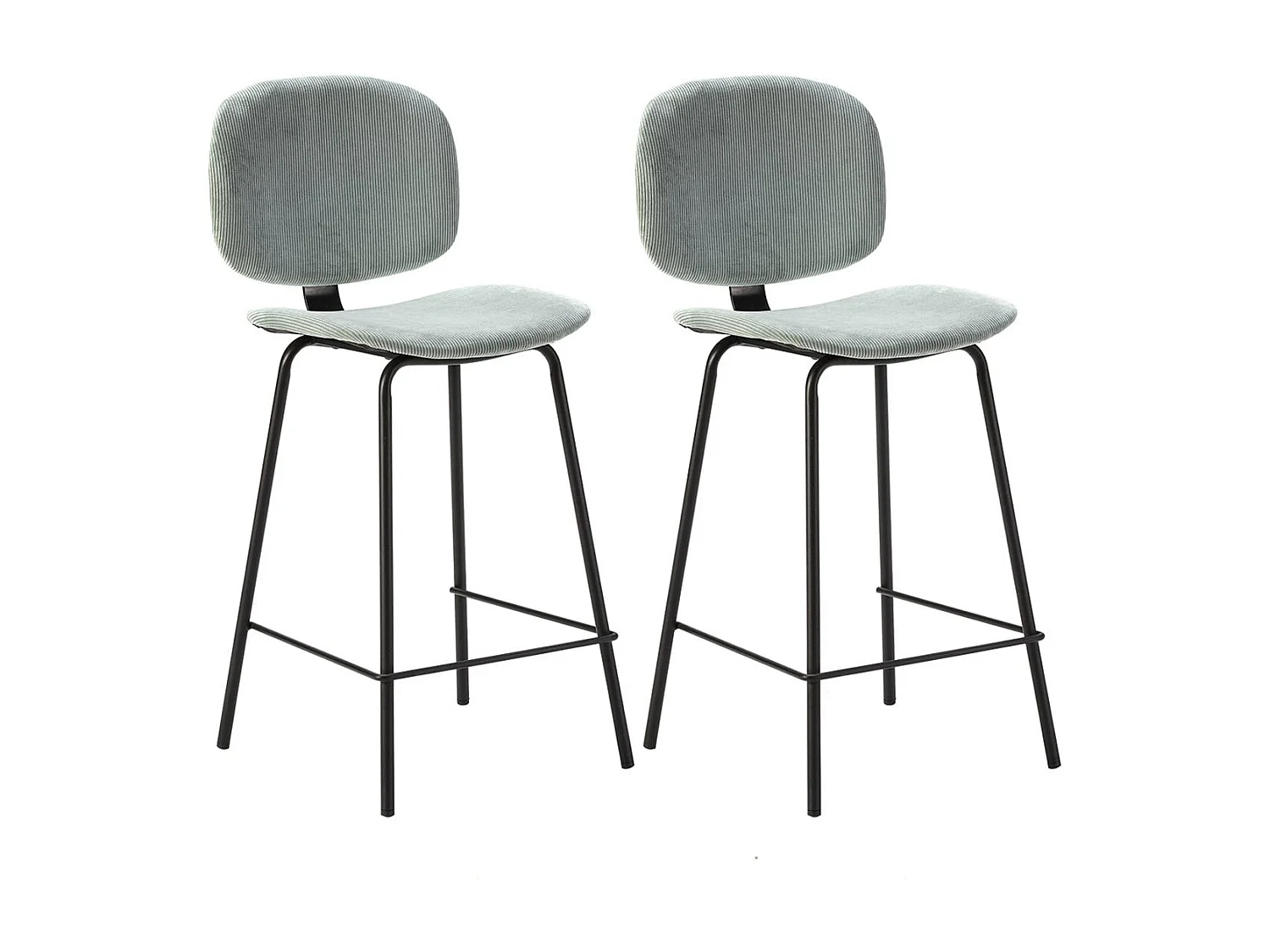 GARY - Lot de 2 Tabourets en Velours Côtelé Vert d'Eau Piétement Métal Noir