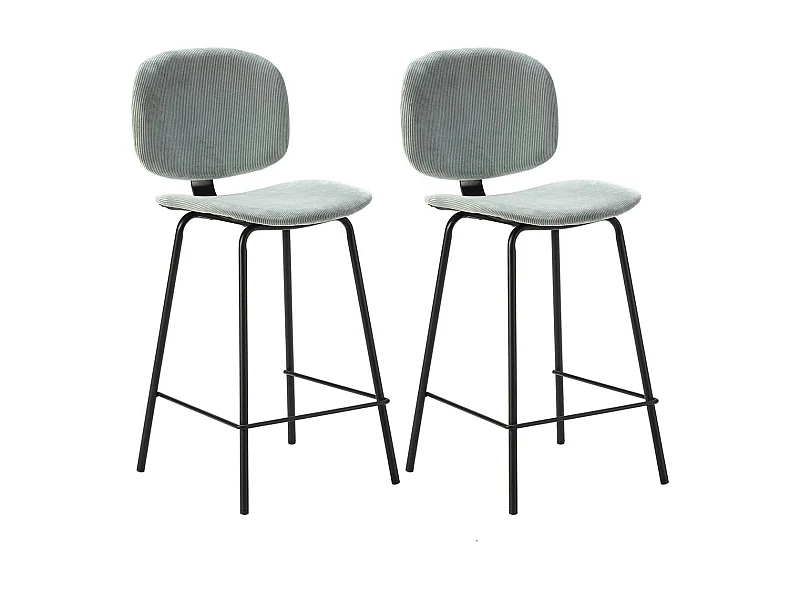 GARY - Lot de 2 Tabourets en Velours Côtelé Vert d'Eau Piétement Métal Noir