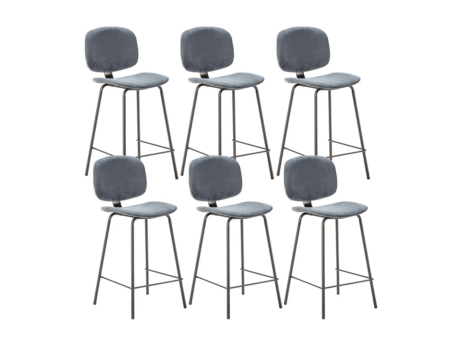 GARY - Lot de 6 Tabourets en Velours Côtelé Bleu Piétement Métal Noir