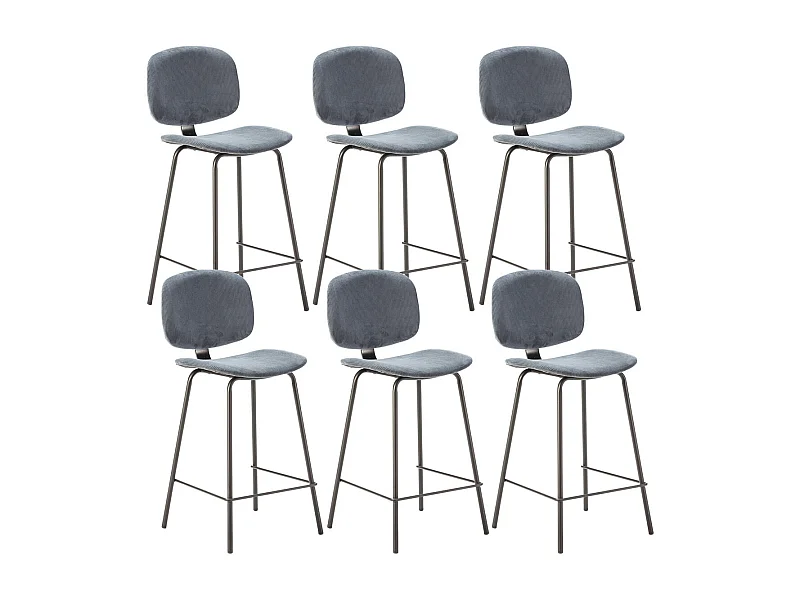 GARY - Lot de 6 Tabourets en Velours Côtelé Bleu Piétement Métal Noir