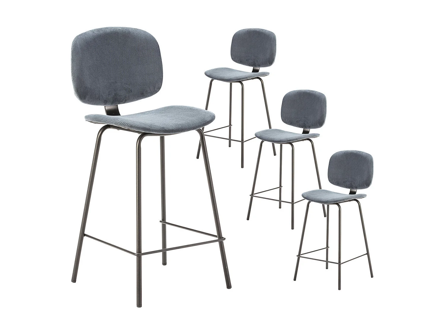 GARY - Lot de 4 Tabourets en Velours Côtelé Bleu Piétement Métal Noir