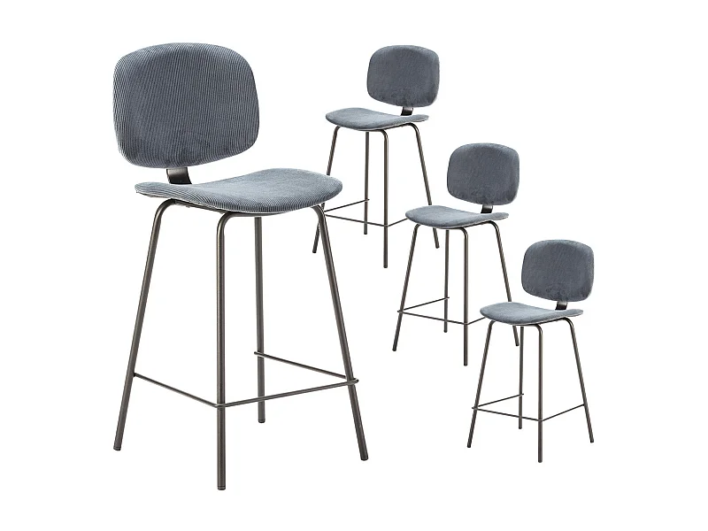 GARY - Lot de 4 Tabourets en Velours Côtelé Bleu Piétement Métal Noir