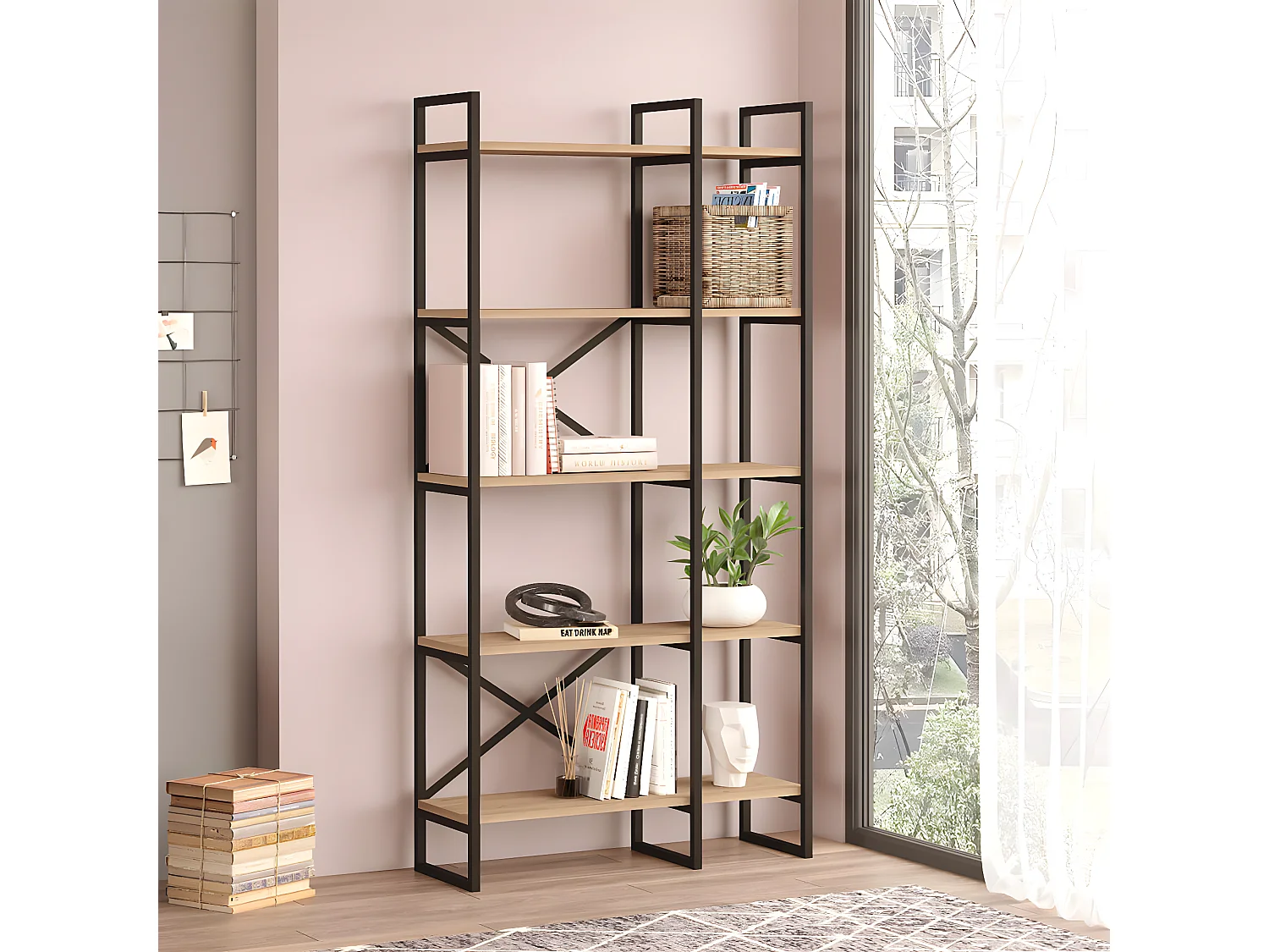 MISCA - Etagère Industrielle à 5 Niveaux Longueur 88cm Métal Noir et Effet Bois