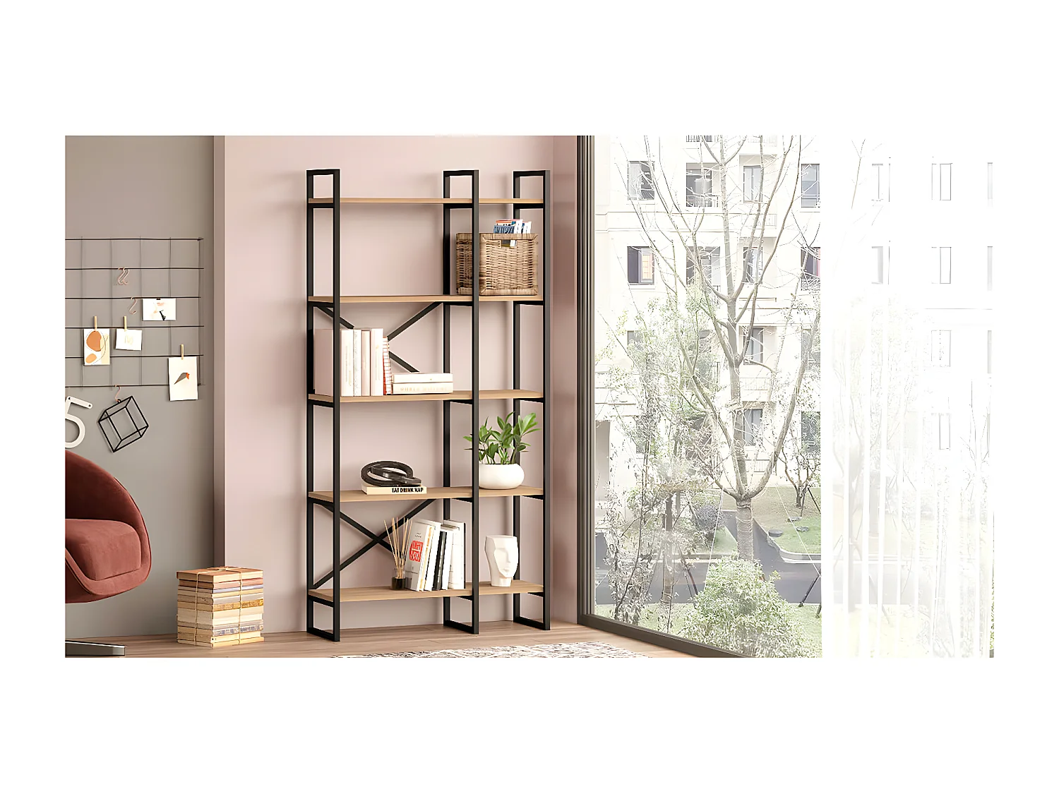 MISCA - Etagère Industrielle à 5 Niveaux Longueur 88cm Métal Noir et Effet Bois