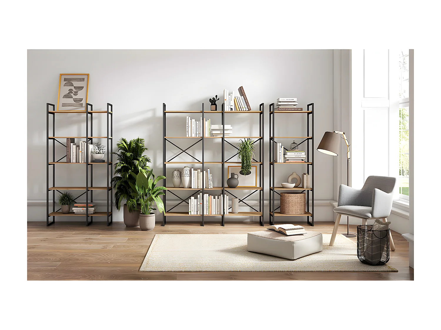 MISCA - Etagère Industrielle à 5 Niveaux Longueur 88cm Métal Noir et Effet Bois