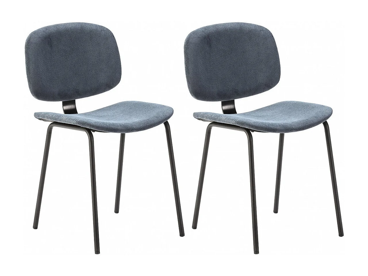 GARY - Lot de 2 Chaises en Velours Côtelé Bleu Piétement Métal Noir