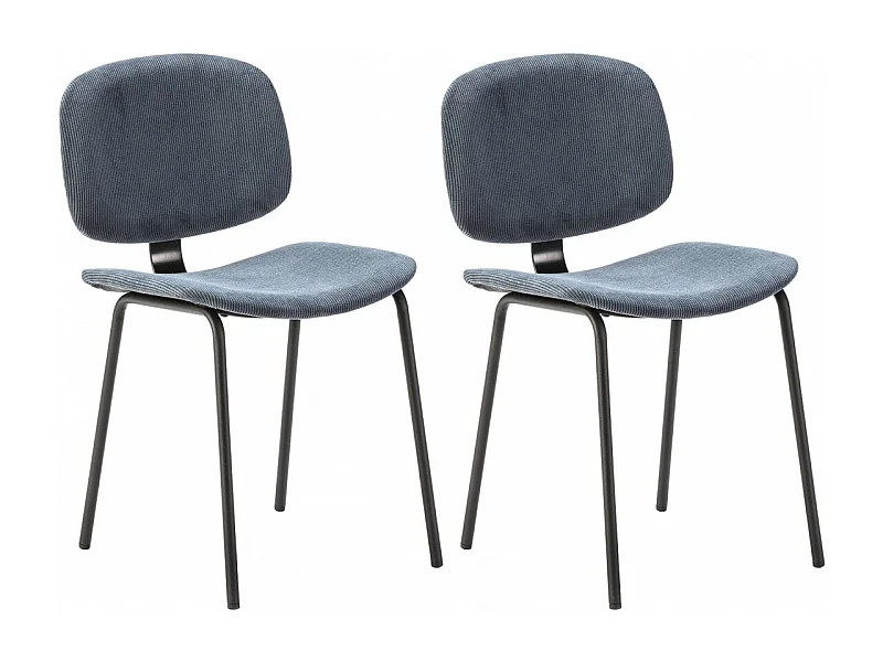 GARY - Lot de 2 Chaises en Velours Côtelé Bleu Piétement Métal Noir