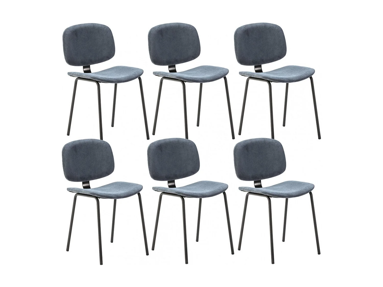 GARY - Lot de 6 Chaises en Velours Côtelé Bleu Piétement Métal Noir