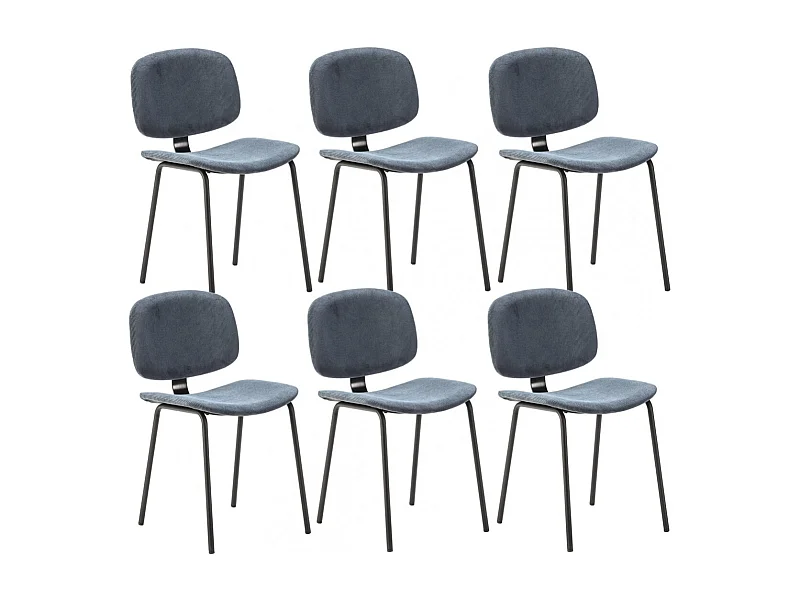 GARY - Lot de 6 Chaises en Velours Côtelé Bleu Piétement Métal Noir