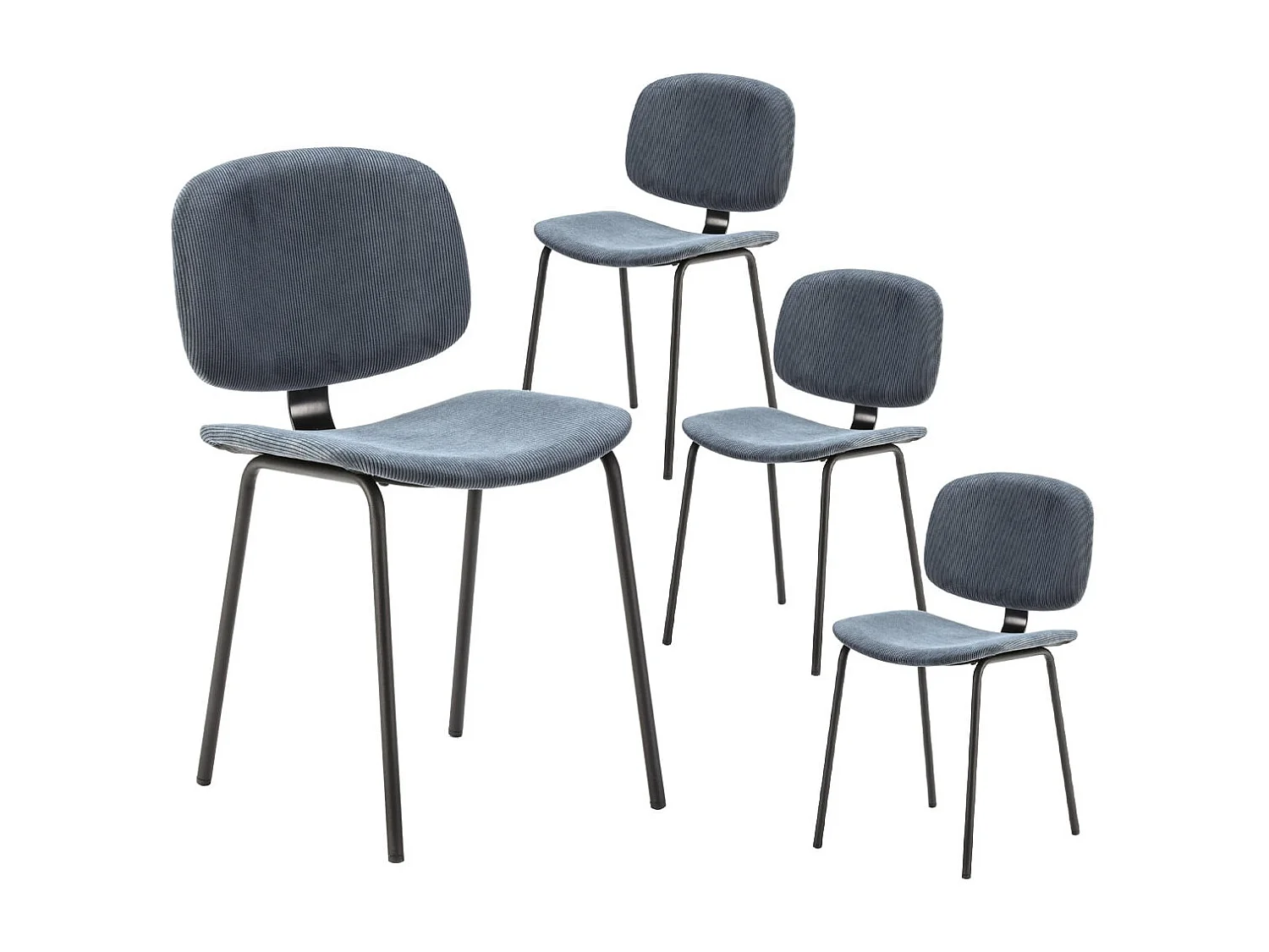 GARY - Lot de 4 Chaises en Velours Côtelé Bleu Piétement Métal Noir