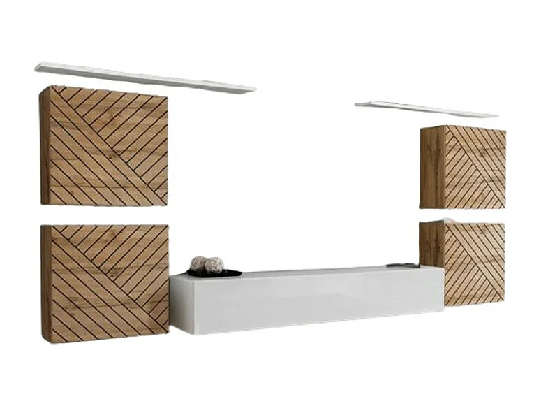 Conjunto de móveis para sala SWITCH IV. Cores carvalho wotan e branco. Acabamentos em carvalho fresado e branco brilhante.