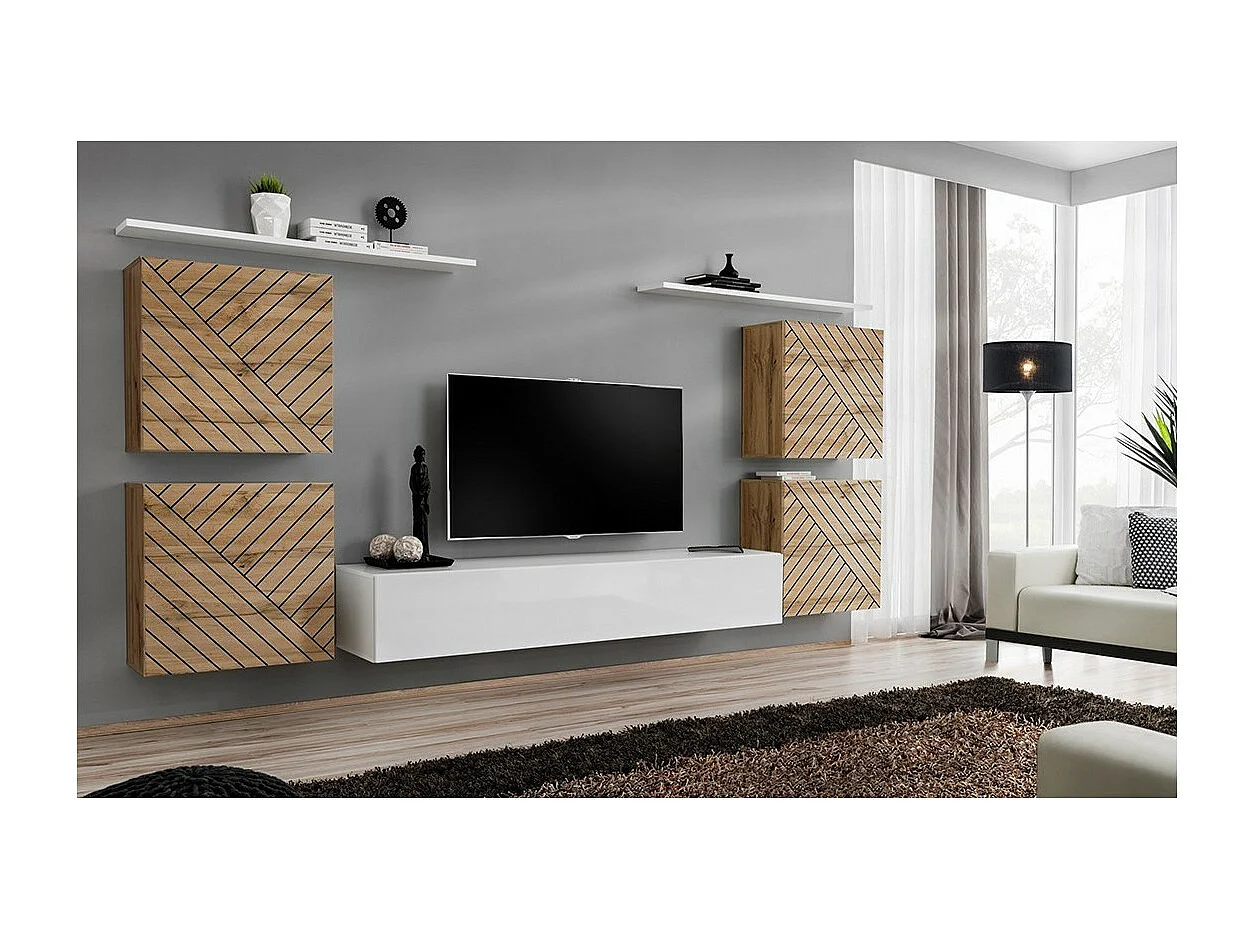 Ensemble meuble salon SWITCH IV. Coloris chêne wotan et blanc. Finitions chêne fraisé et blanc brillant .