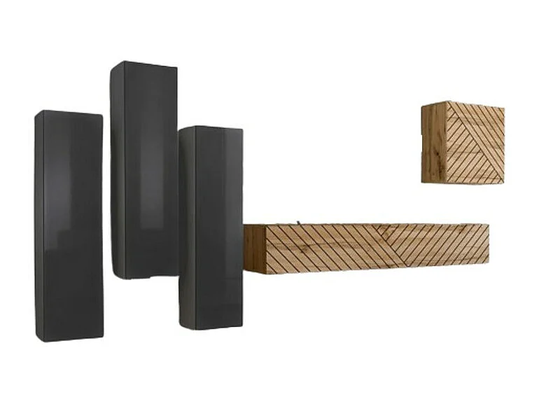 Set di mobili da salotto SWITCH III design, colore grigio e rovere. Finiture lucide e effetto rovere fresato.