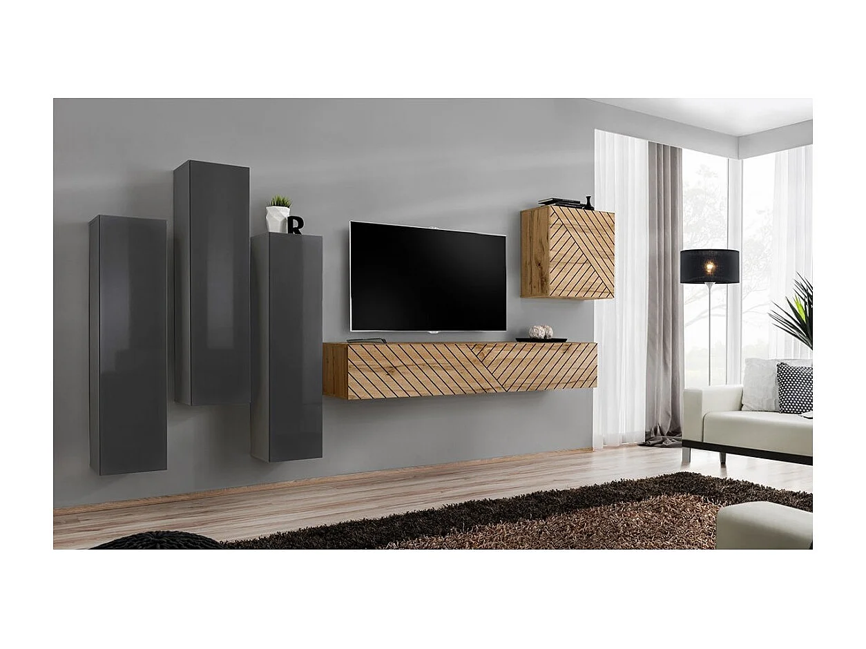 Ensemble meuble salon SWITCH III design, coloris gris et chêne. Finitions brillant et effet chêne fraisé.