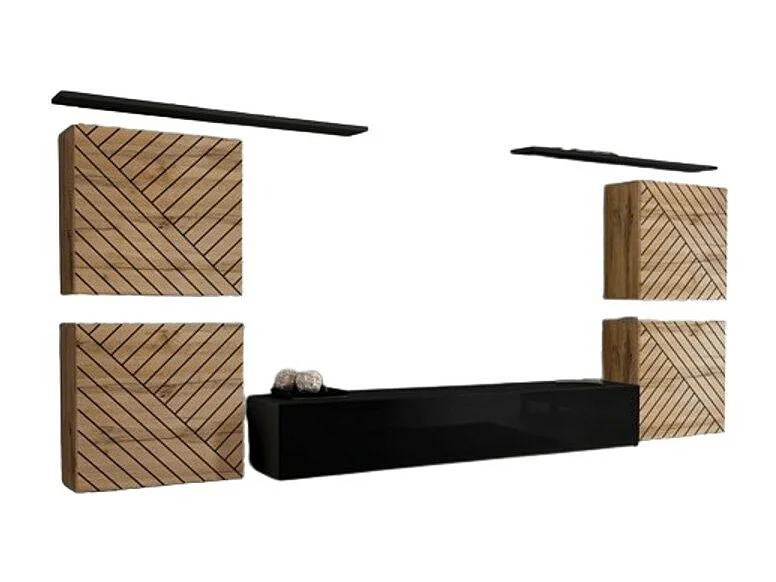 Conjunto de muebles para salón SWITCH IV – Roble Wotan y Negro – Acabados en roble fresado y negro brillante – Diseño moderno