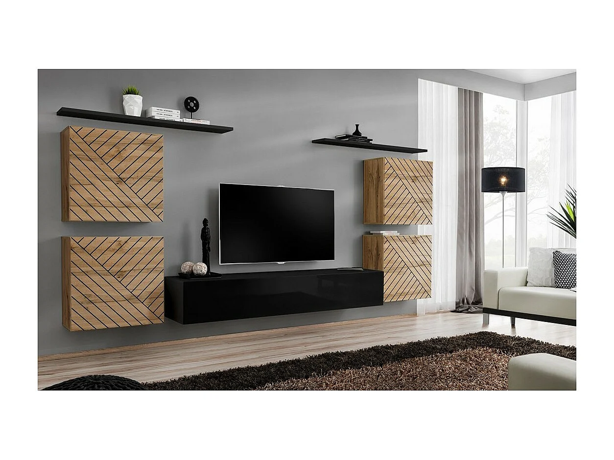 Conjunto de muebles para salón SWITCH IV – Roble Wotan y Negro – Acabados en roble fresado y negro brillante – Diseño moderno