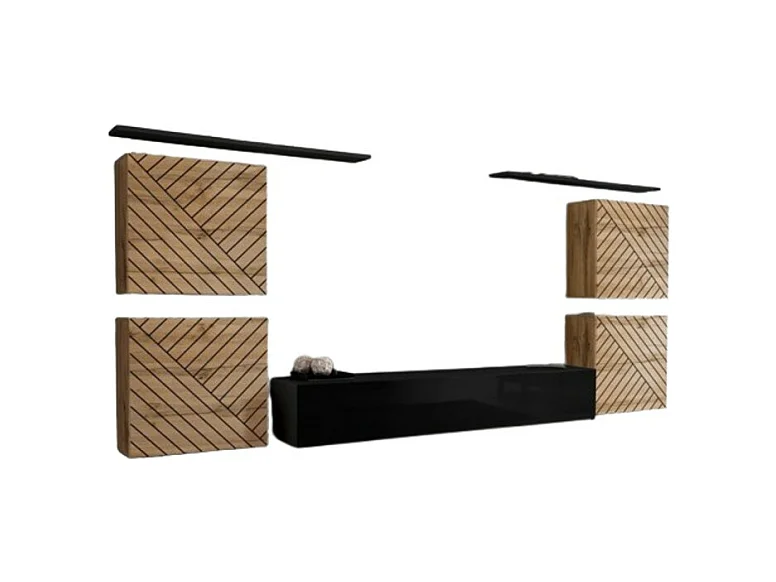 Ensemble meuble salon SWITCH IV – Chêne Wotan et Noir – Finitions chêne fraisé et noir brillant – Design moderne