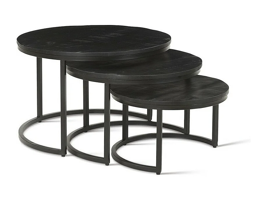 Table basse ARNOLD – Lot de 3 tables gigognes rondes – Noir et bois – Style contemporain