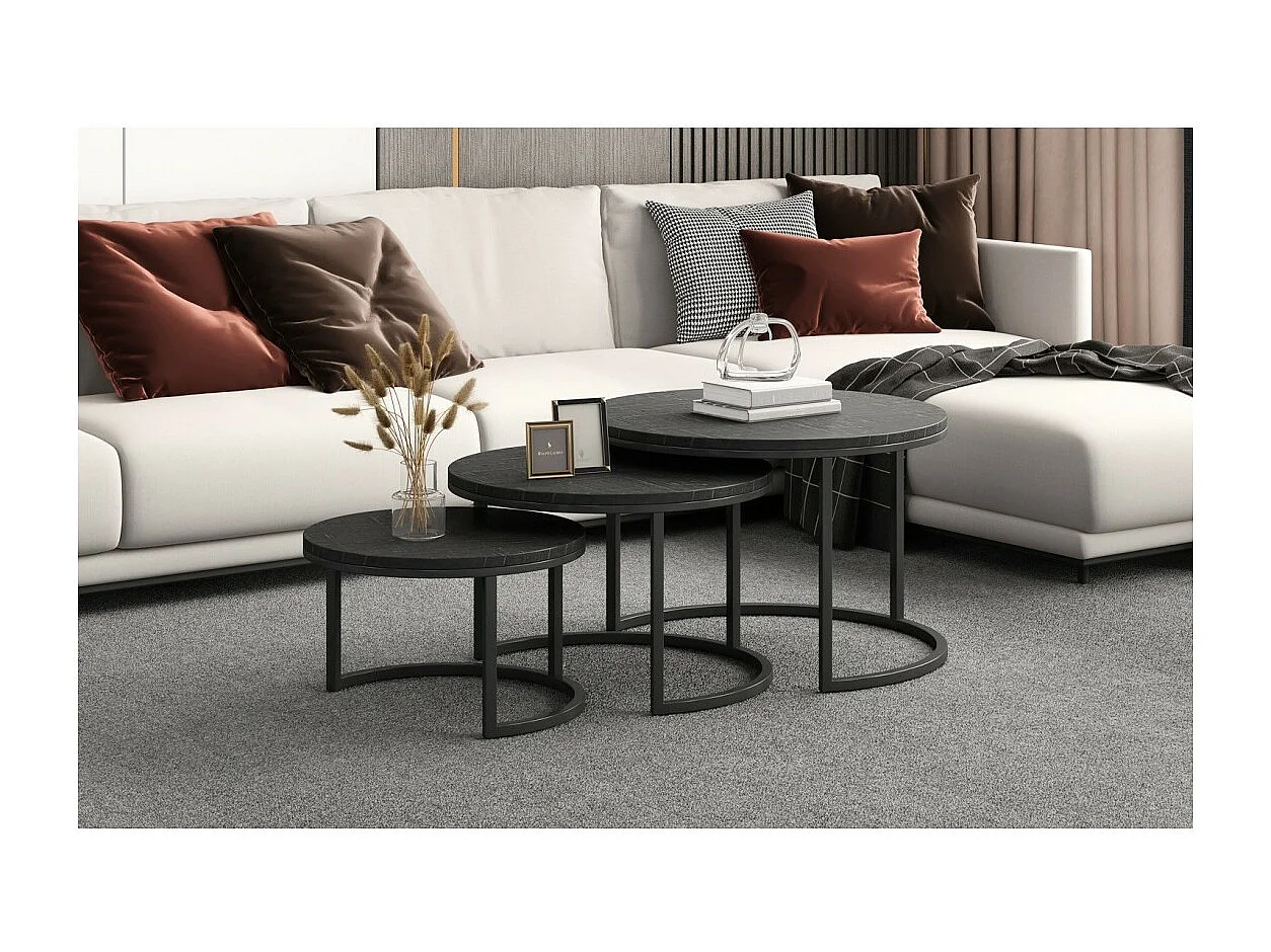 Table basse ARNOLD – Lot de 3 tables gigognes rondes – Noir et bois – Style contemporain