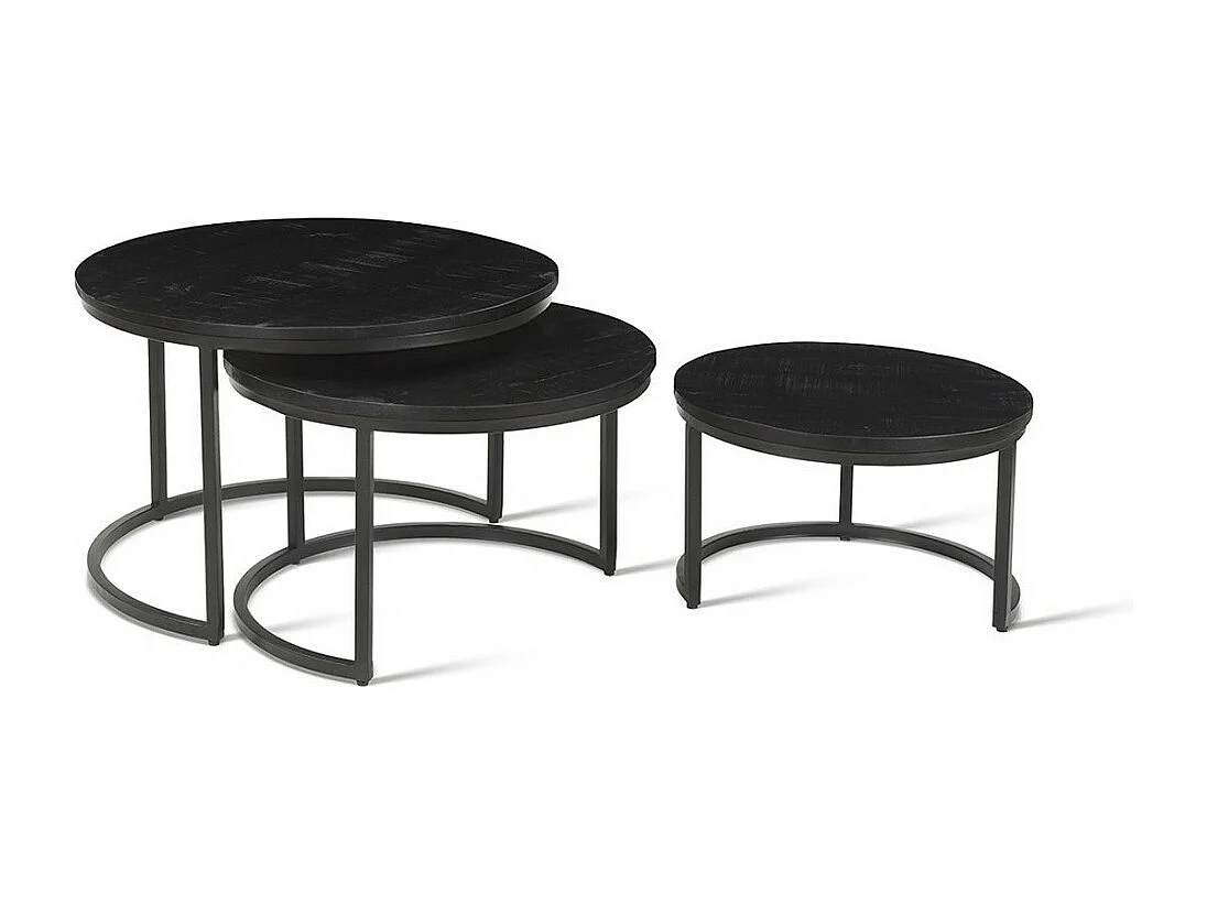 Table basse ARNOLD – Lot de 3 tables gigognes rondes – Noir et bois – Style contemporain