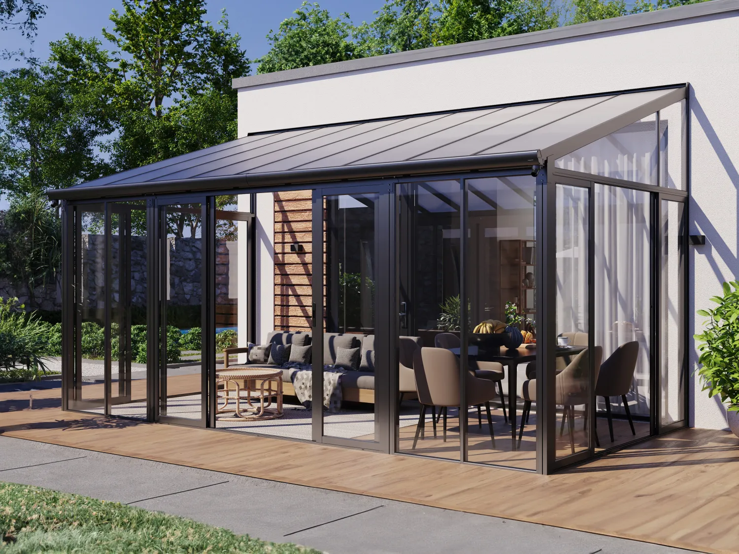 Véranda en aluminium et polycarbonate avec protection UV - 15,9 m² - anthracite - MATHILDA