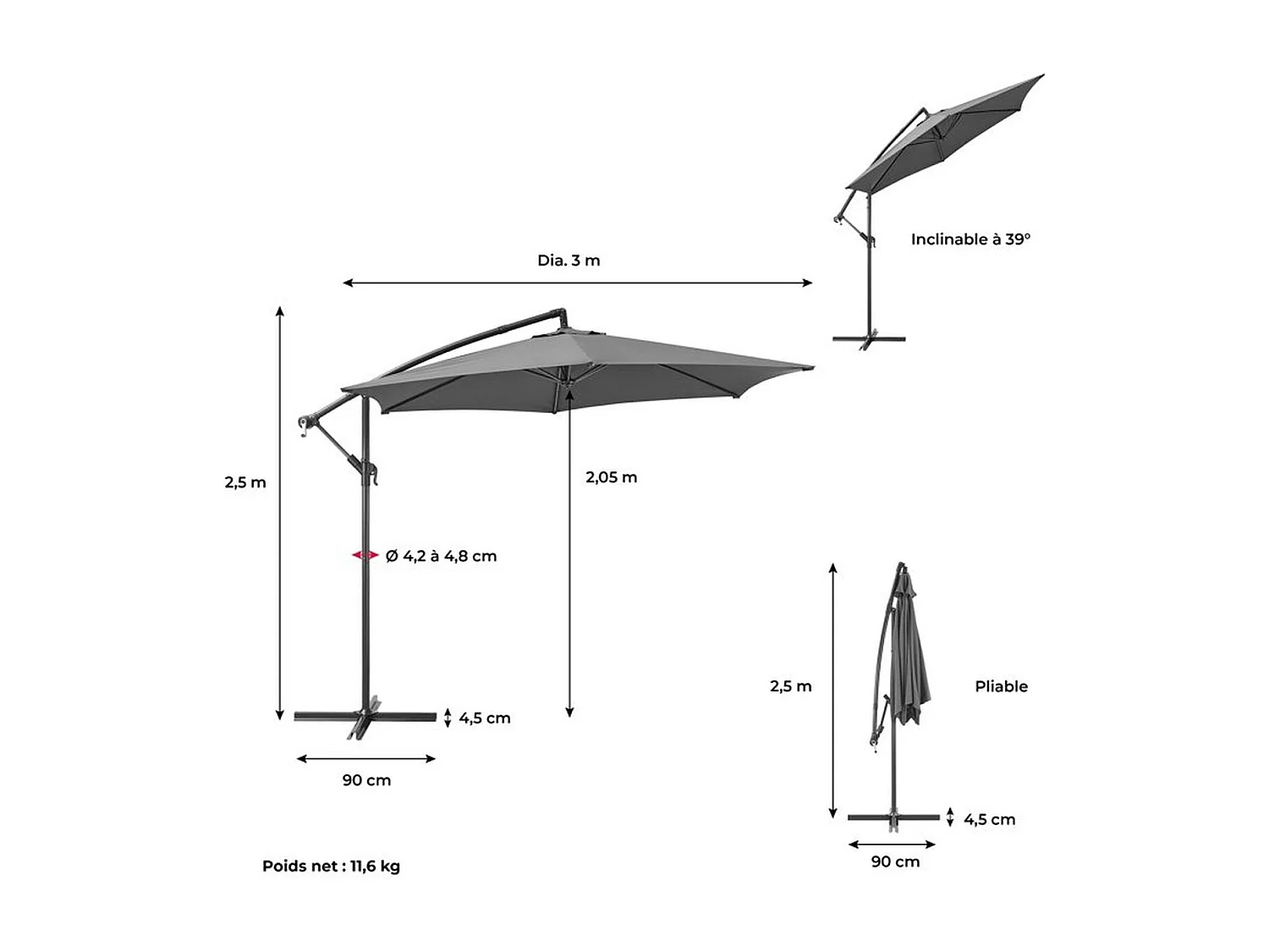 Parasol déporté AUREA Ø3,0 m – Mât aluminium, toile polyester 180 g/m², gris
