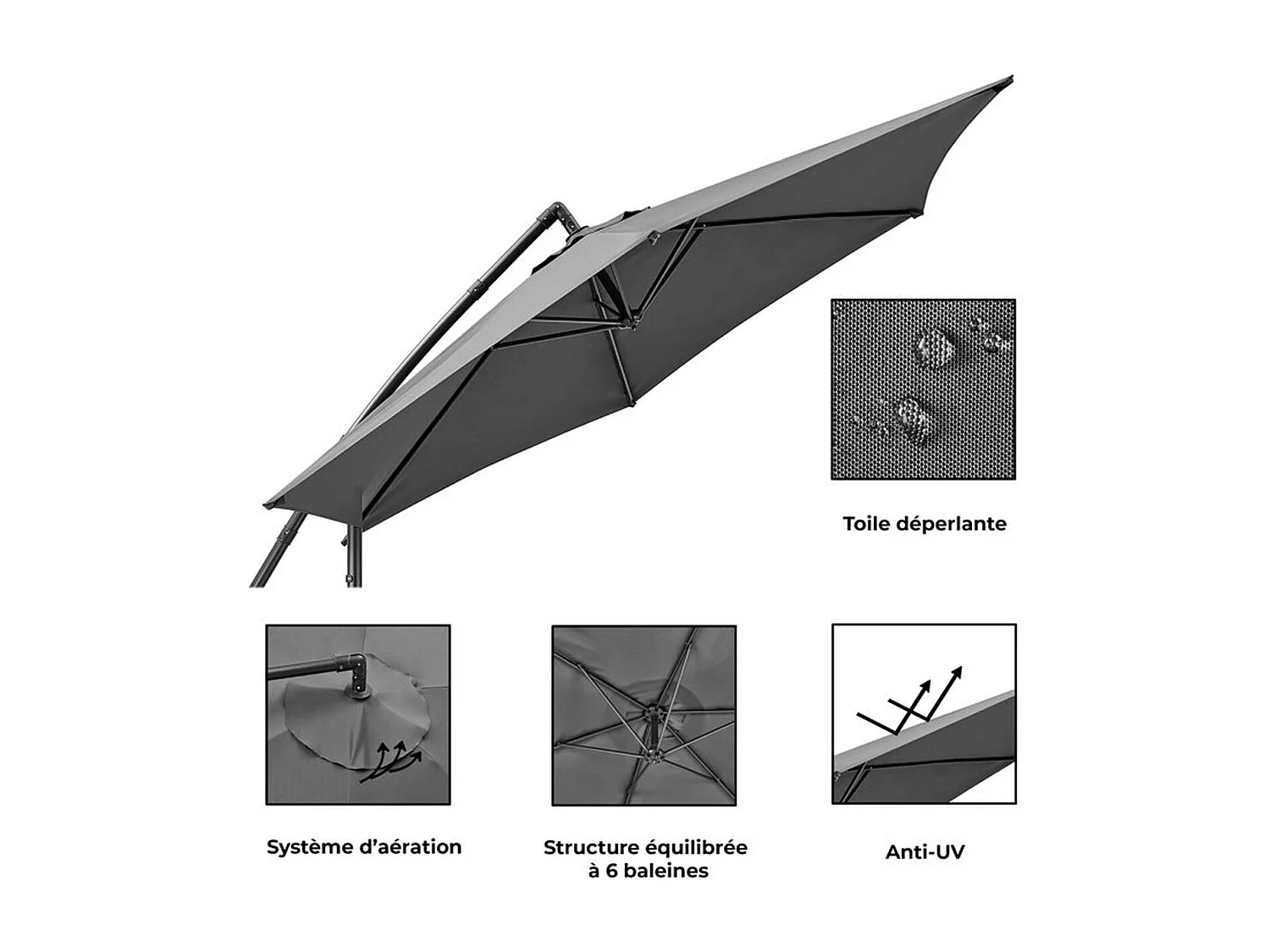 Parasol déporté AUREA Ø3,0 m – Mât aluminium, toile polyester 180 g/m², gris