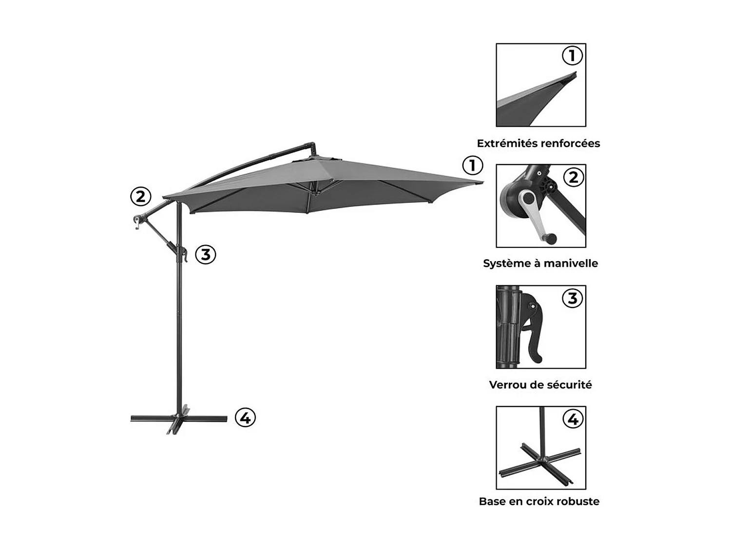 Parasol déporté AUREA Ø3,0 m – Mât aluminium, toile polyester 180 g/m², gris