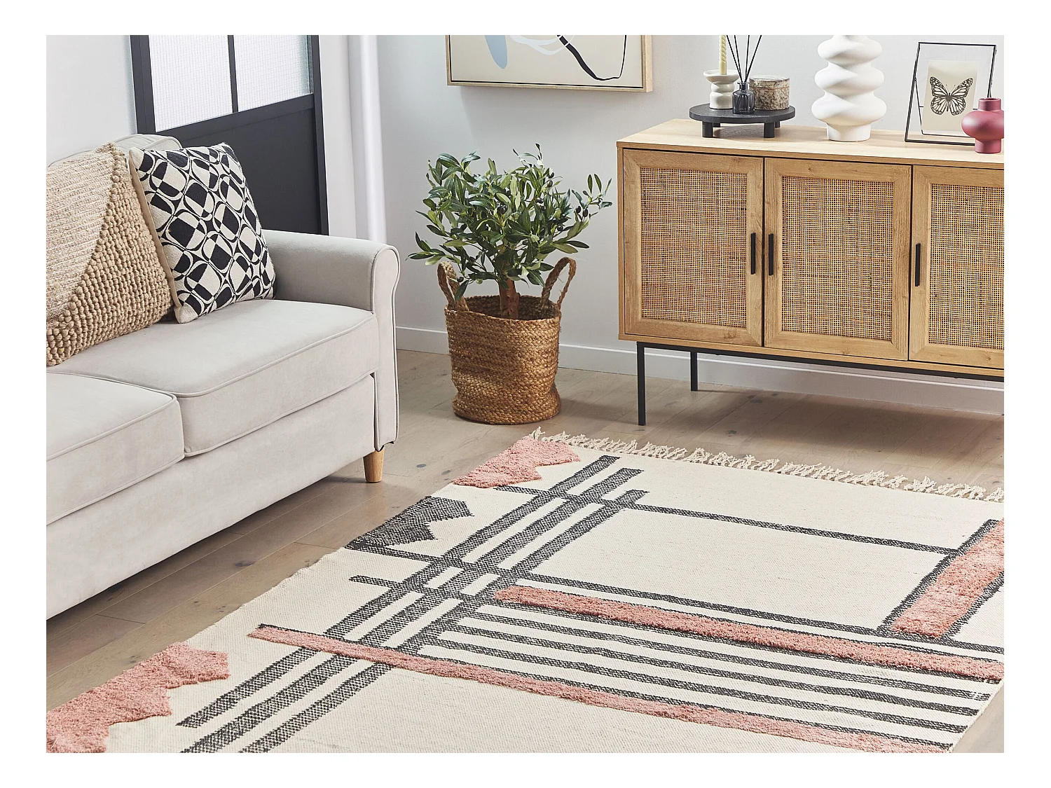 Tappeto rettangolare beige e nero in cotone 140 x 200 cm MURADIYE