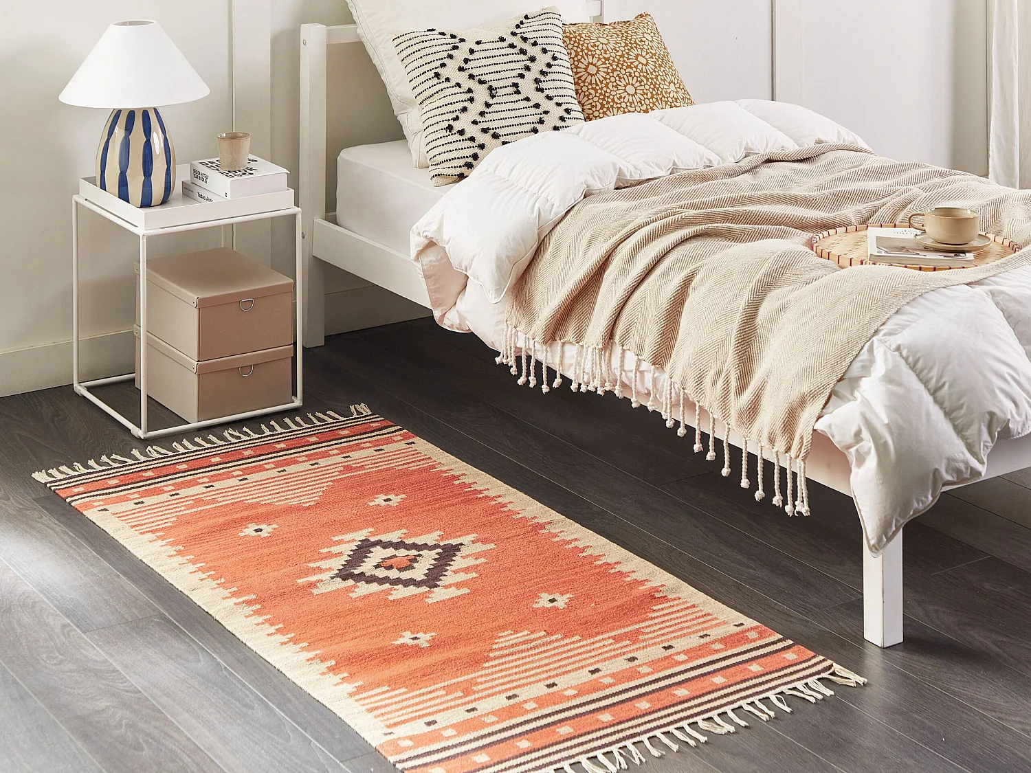 Kelim-Teppich Baumwolle orange 80 x 150 cm handgewebt geometrisches Muster Gavar