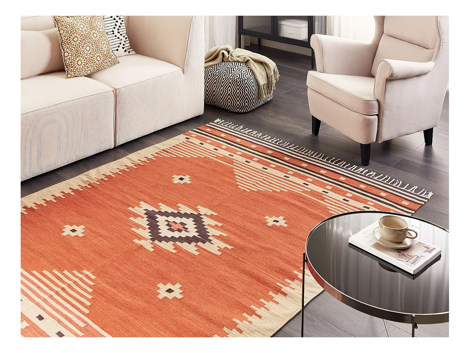 Kelim Teppich Baumwolle orange 160 x 230 cm geometrisches Muster Kurzflor GAVAR