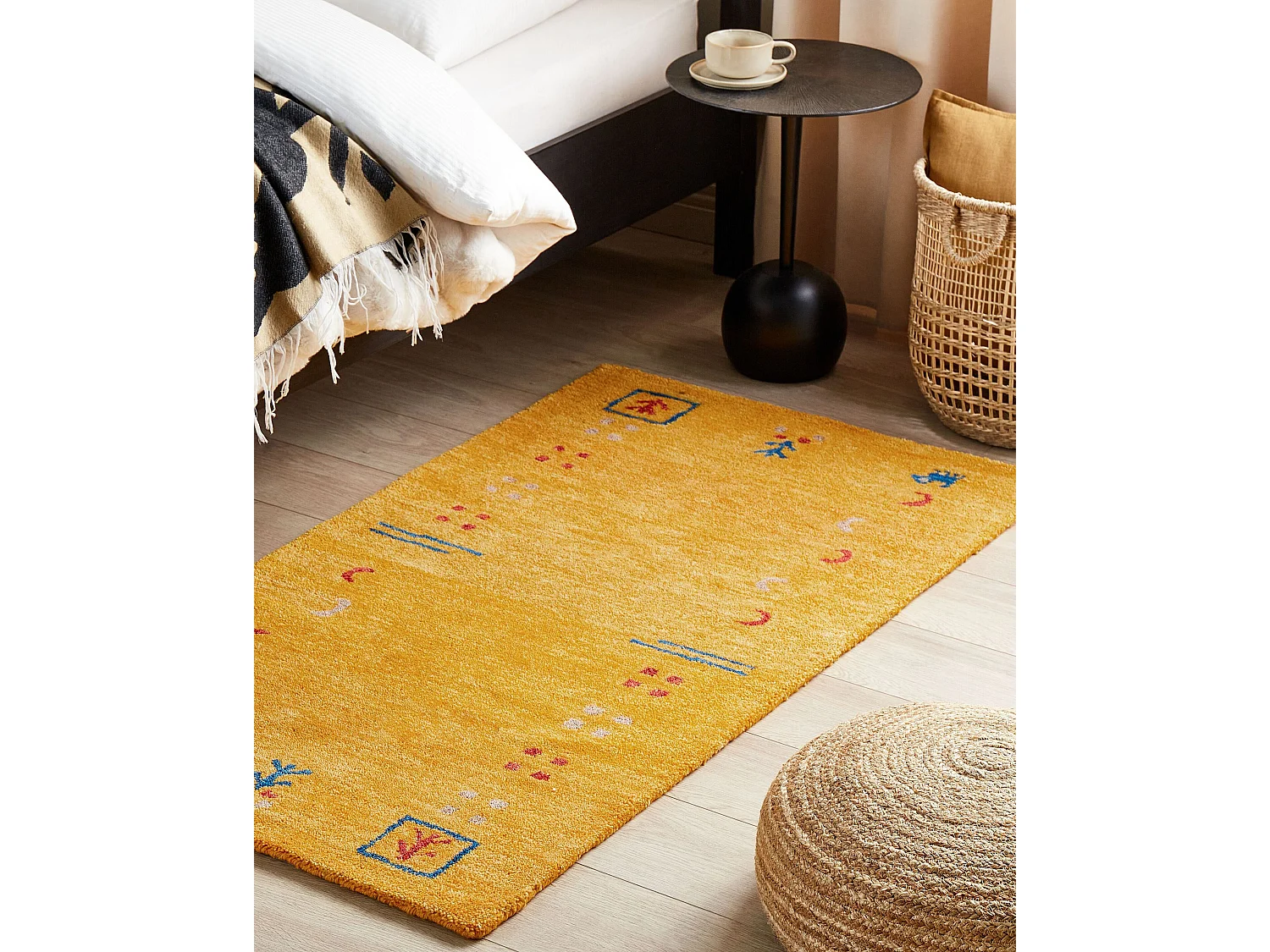 Gabbeh Teppich gelb aus Wolle 80 x 150 cm Hochflor mit Muster weich handgetuftet Akalan