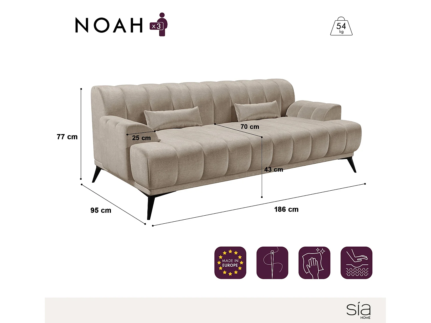 Canapé 3 places  tissu velours taupe Noah