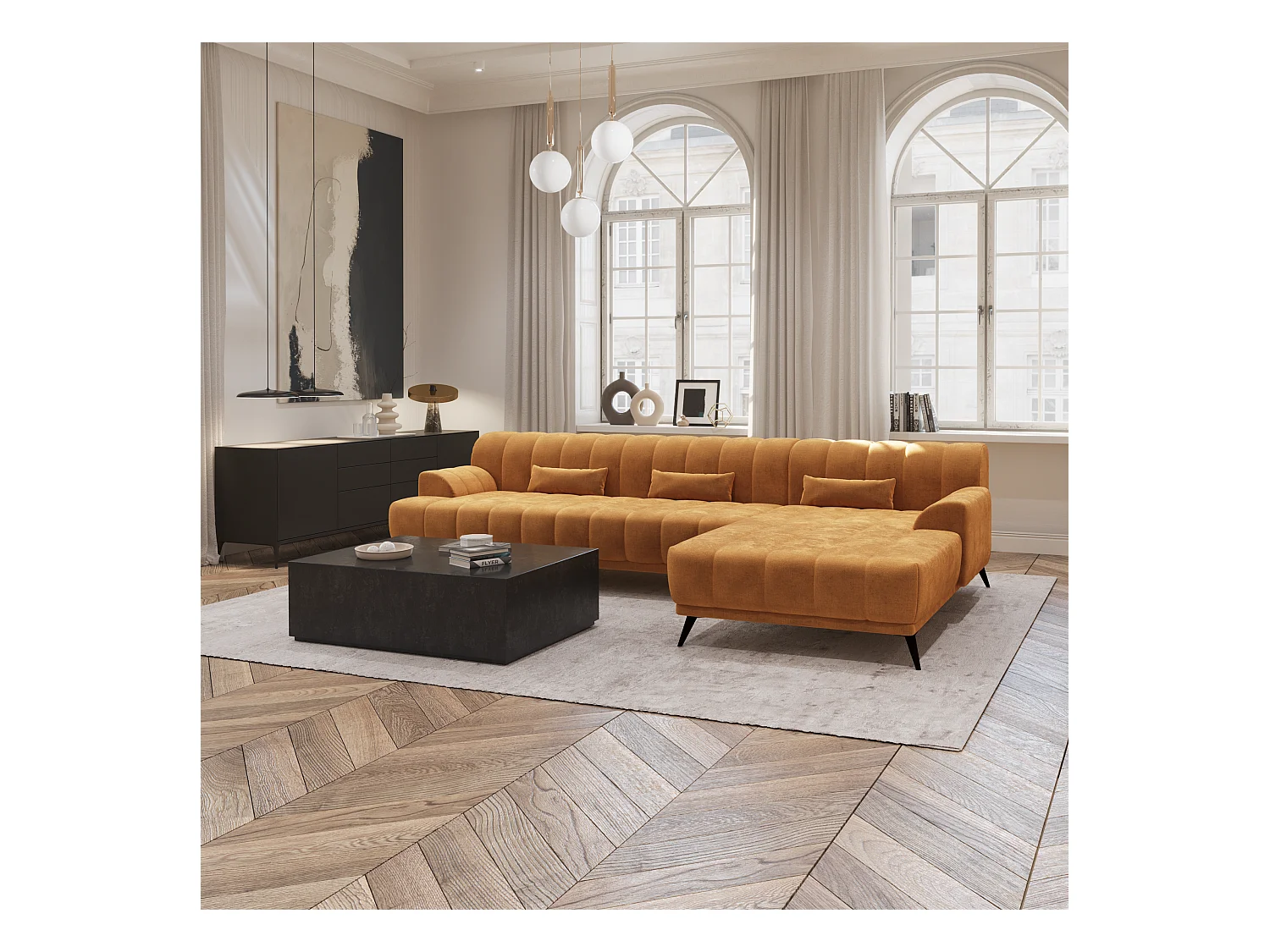 Canapé d'angle droit  tissu velours moutarde