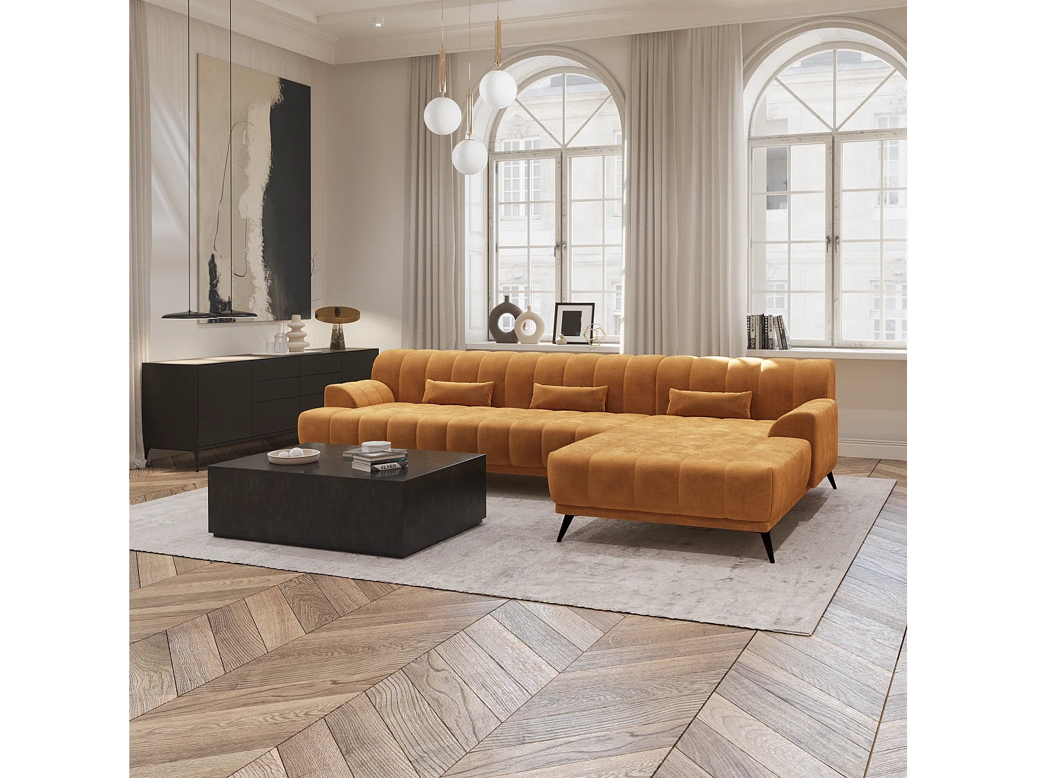 Canapé d'angle droit  tissu velours moutarde