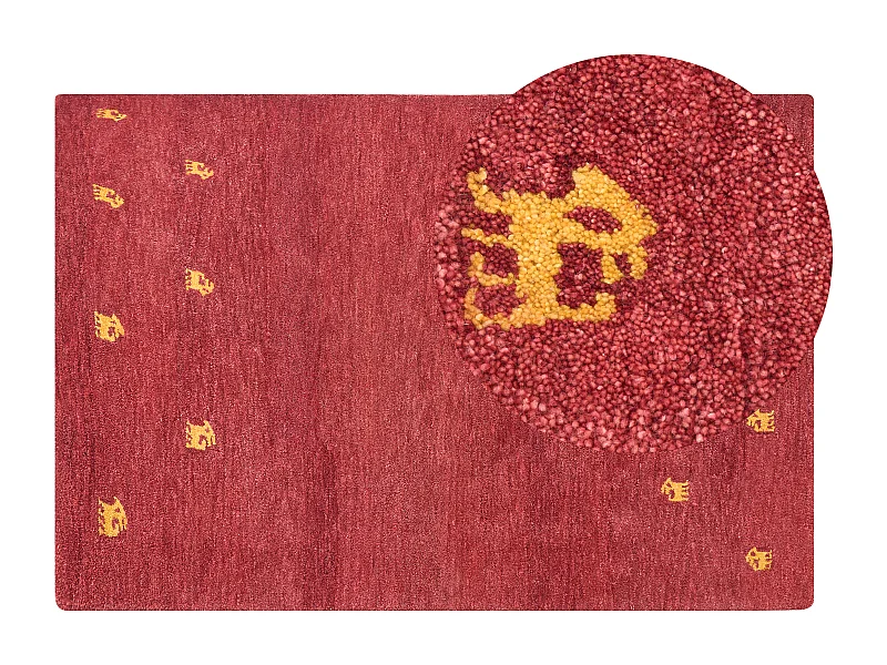 Gabbeh Teppich rot aus Wolle 140 x 200 cm Hochflor abstraktes Tiermuster weich Yarali
