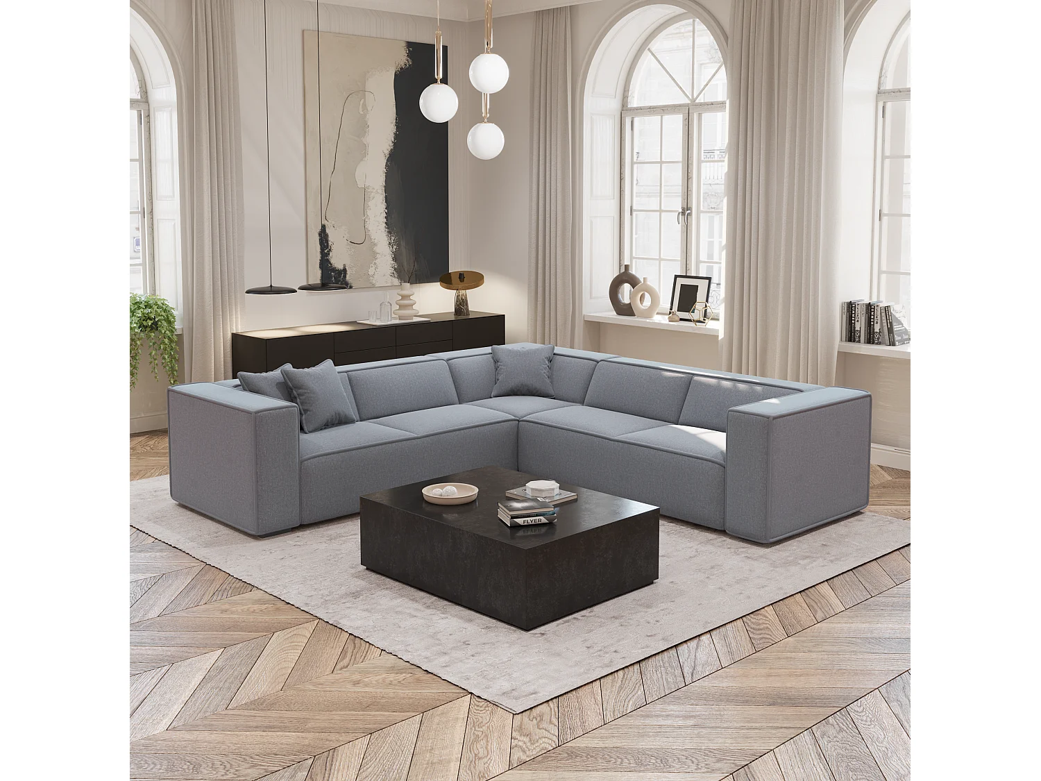 Canapé grand angle tissu tramé gris clair