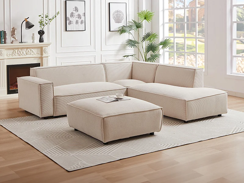 Grand canapé d'angle droit et pouf en velours côtelé beige BORORE de Pascal Morabito