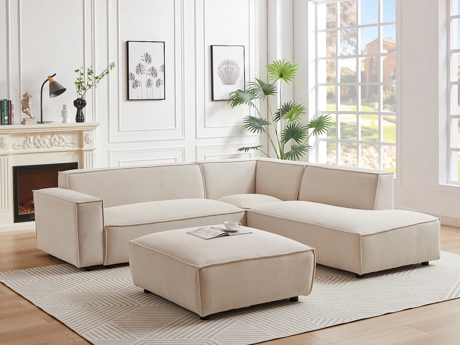 Grand canapé d'angle droit et pouf en velours côtelé beige BORORE de Pascal Morabito