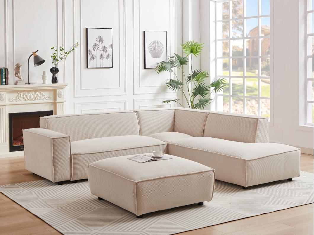 Grand canapé d'angle droit et pouf en velours côtelé beige BORORE de Pascal Morabito