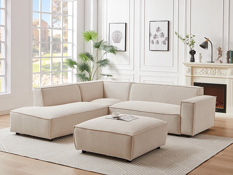 Großes Ecksofa & Hocker - Ecke links - Cord - Beige - BORORE