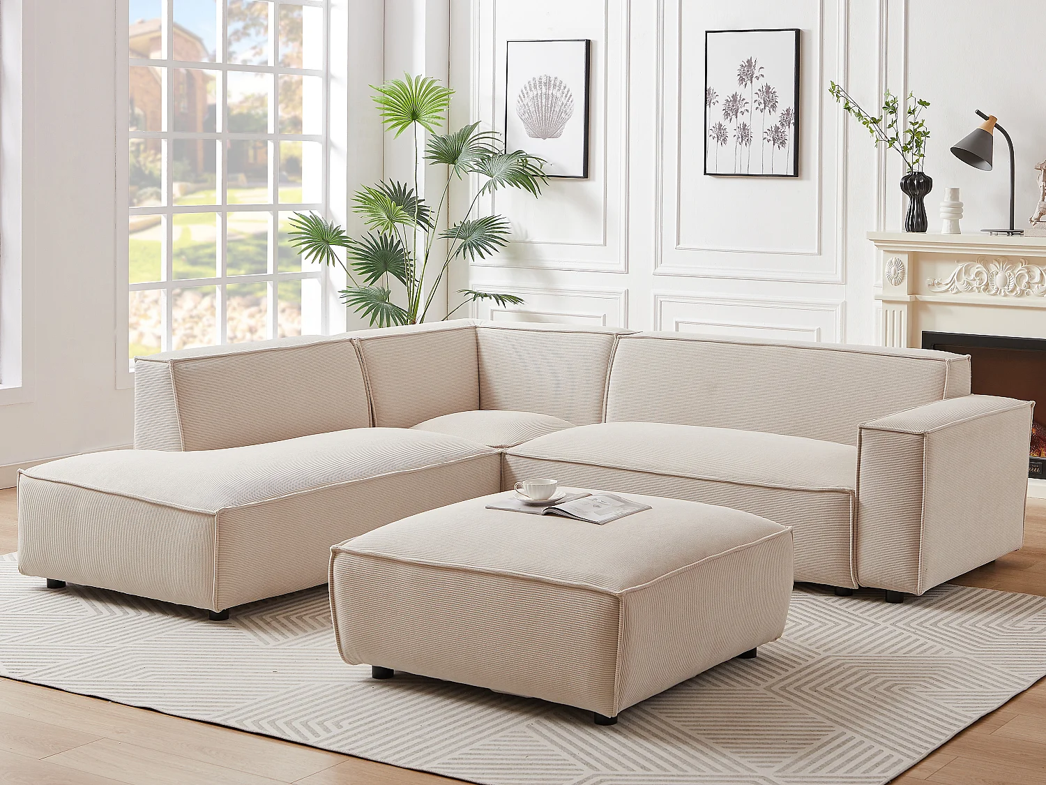 Großes Ecksofa & Hocker - Ecke links - Cord - Beige - BORORE