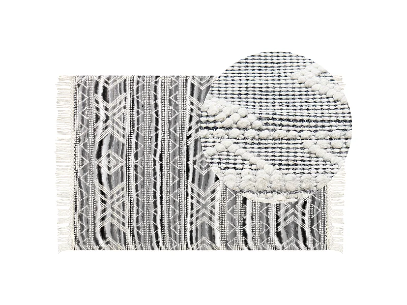 Wollteppich Boho Handgewebt Geometrisches Muster mit Quasten 160 x 230 cm Weiß und Schwarz Pazar