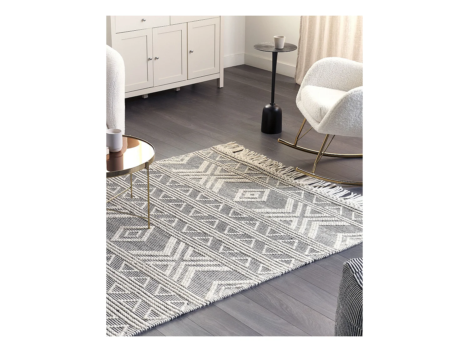 Wollteppich Boho Handgewebt Geometrisches Muster mit Quasten 160 x 230 cm Weiß und Schwarz Pazar