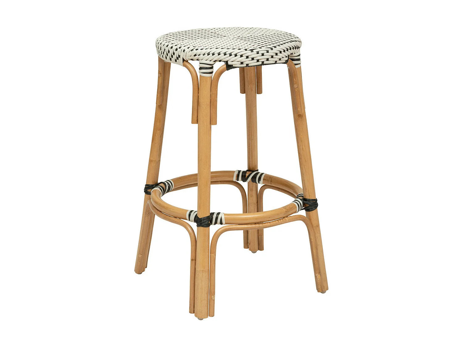 Tabouret de bar en Rotin et assise bicolore Blanc & Noir H 66 cm