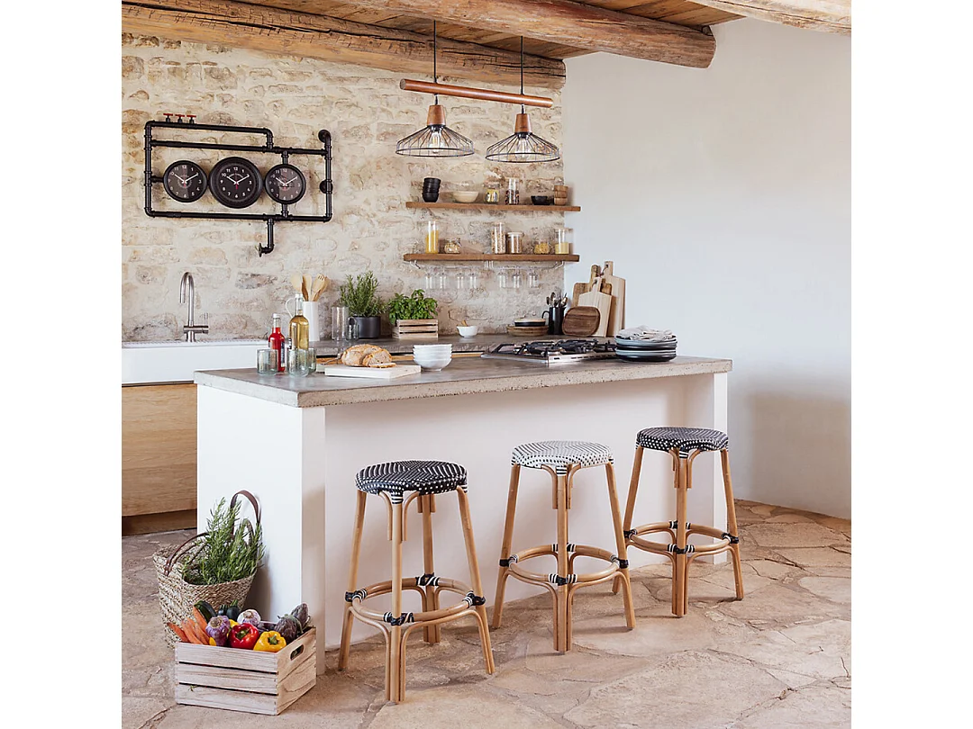 Tabouret de bar en Rotin et assise bicolore Blanc & Noir H 66 cm